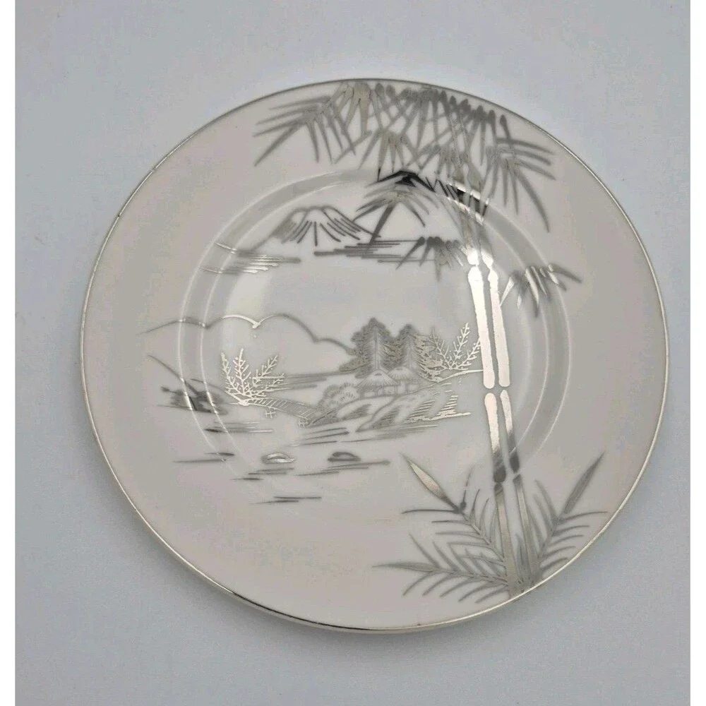 Antique Kutani Japanese China 2 Bread Plates, Mt Fuji Bamboo design 2 Saucers